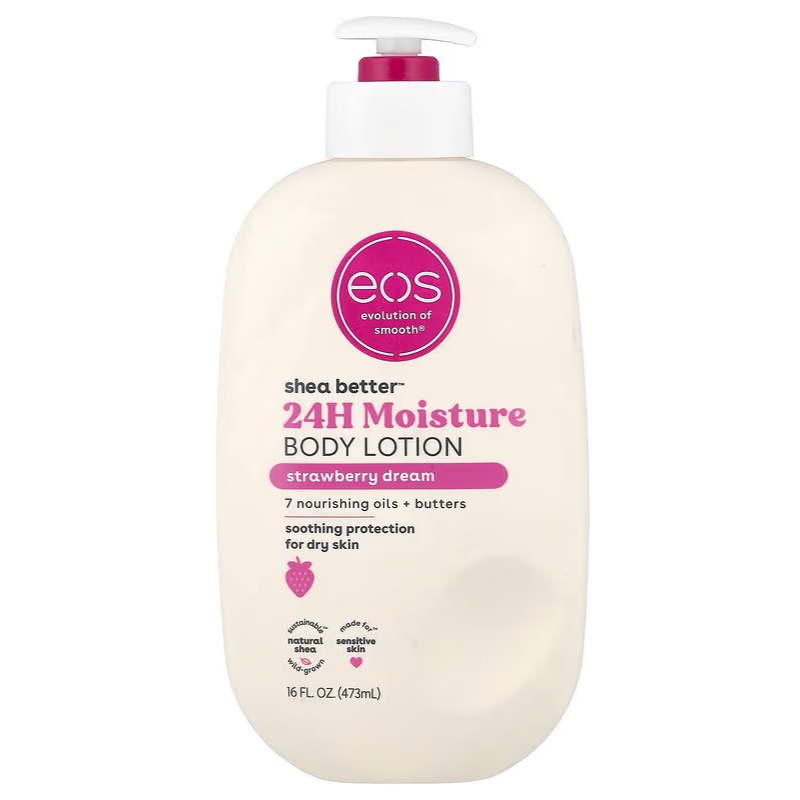EOS LAIT CORPOREL SHEA BETTER POUR PEAUX SÈCHES, PARFUM FRAISE DE RÊVE, 473 ML