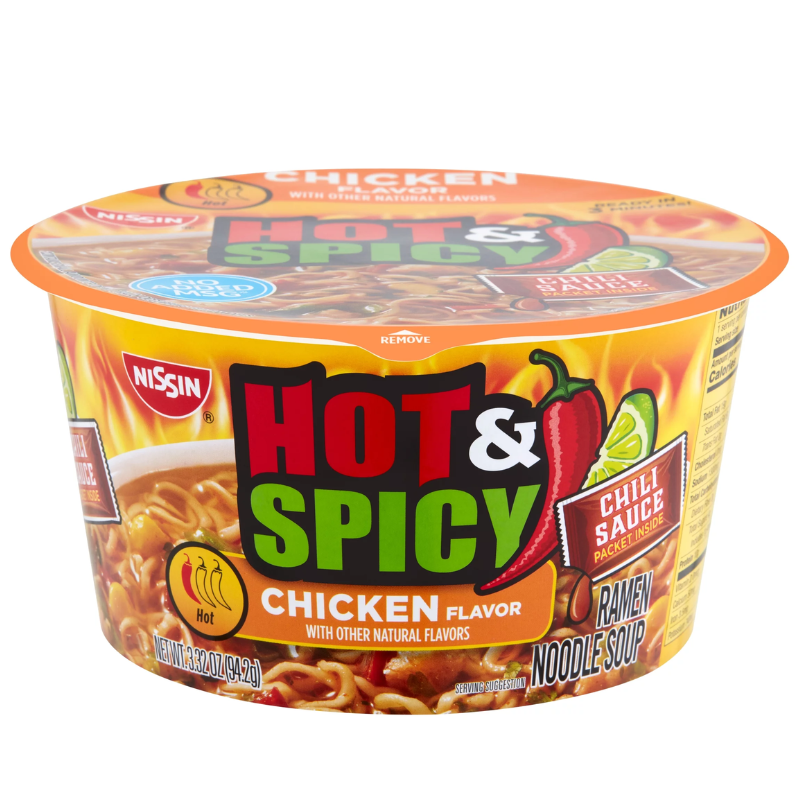 NISSIN - HOT & SPICY BOWL NOODLES, CHICKEN FLAVOR - 3.32OZ
