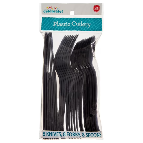 WAY TO CELEBRATE - ENSEMBLE DE COUVERTS EN PLASTIQUE NOIR POUR FÊTE D'ANNIVERSAIRE POUR 8 PERSONNES, 24 PIÈCES