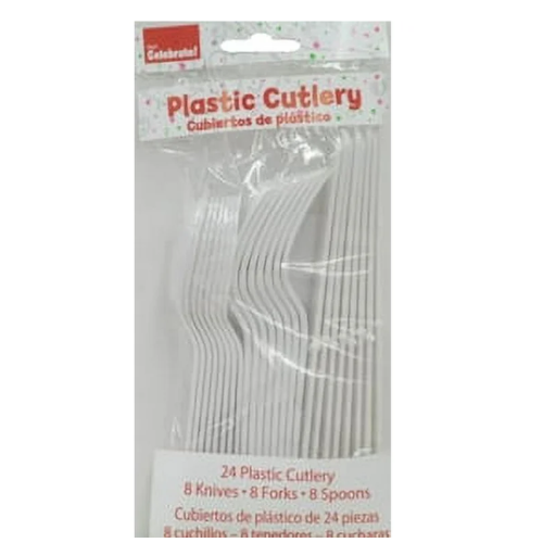 WAY TO CELEBRATE - ENSEMBLE DE COUVERTS EN PLASTIQUE BLANC POUR FÊTE D'ANNIVERSAIRE POUR 8 PERSONNES, 24 PIÈCES