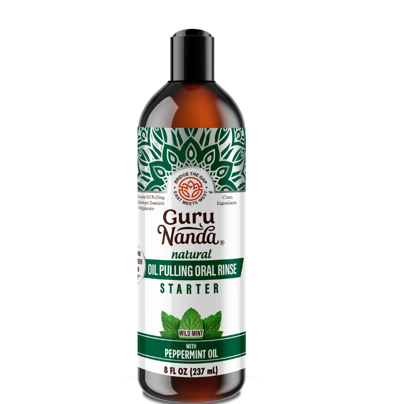 GURU NANDA - HUILE DE DÉMARRAGE POUR BAIN DE BOUCHE À LA MENTHE POIVRÉE+ GRATTE-LANGUE+ BROSSE A DENTS  - 237 ML