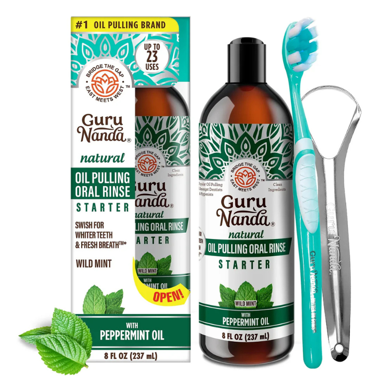 GURU NANDA - HUILE DE DÉMARRAGE POUR BAIN DE BOUCHE À LA MENTHE POIVRÉE+ GRATTE-LANGUE+ BROSSE A DENTS  - 237 ML