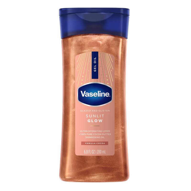 VASELINE GLAZED & GLISTEN SUNLIT GLOW VANILLE CACAO HUILE-GEL SCINTILLANTE POUR LE CORPS 200ML