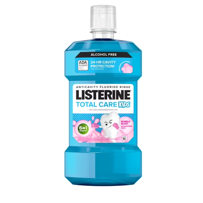 LISTERINE TOTAL CARE KIDS, BAIN DE BOUCHE FLUORÉ SANS ALCOOL ET ANTI-CARIES, BUBBLE BLAST, 500 ML
