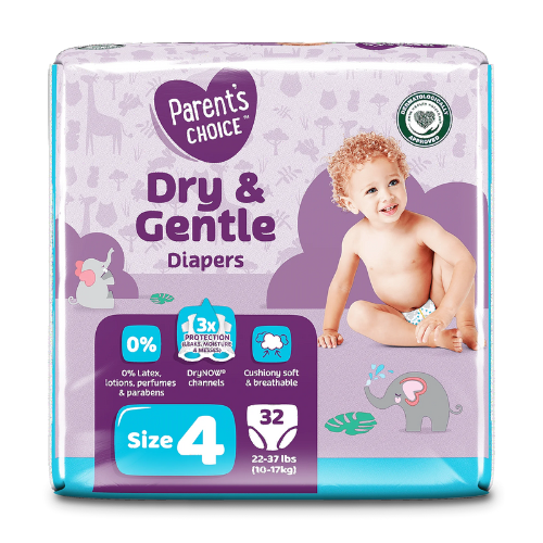 PARENT'S CHOICE COUCHES  DRY & GENTLE, TAILLE 4, 32 COUCHES
