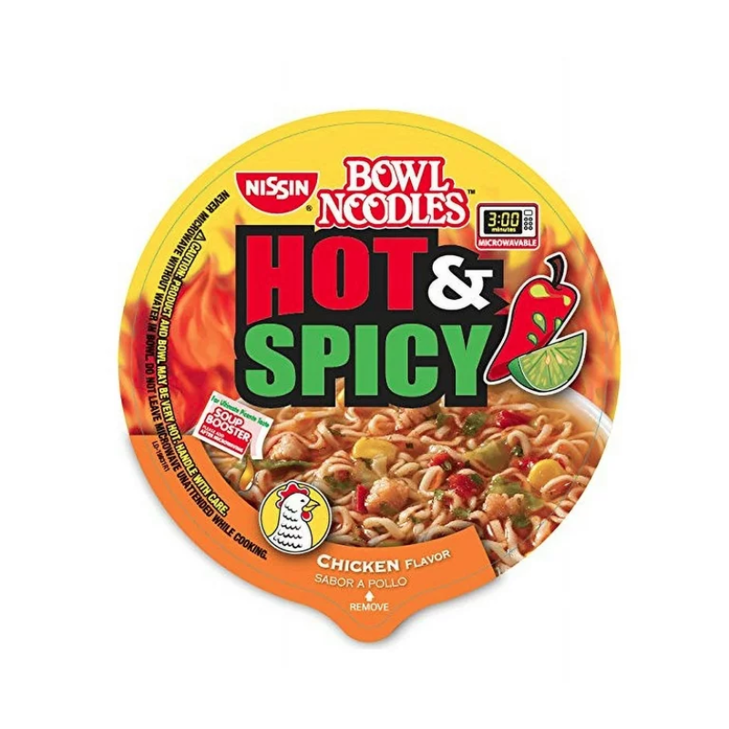 NISSIN - HOT & SPICY BOWL NOODLES, CHICKEN FLAVOR - 3.32OZ