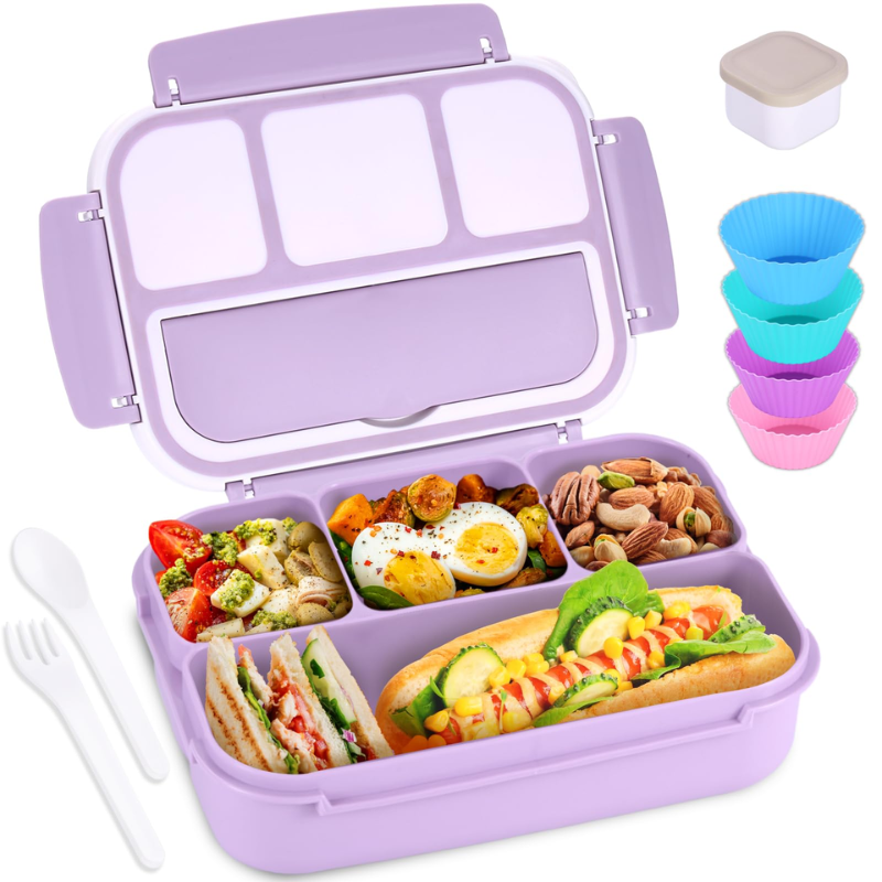 QQKO BENTO BOX ADULT LUNCH BOX, LUNCH CONTAINERS FOR ADULTS MEN WOMEN, KIDS LUNCH BOXES FOR SCHOOL WITH 4 COMPARTMENTS PURPLE