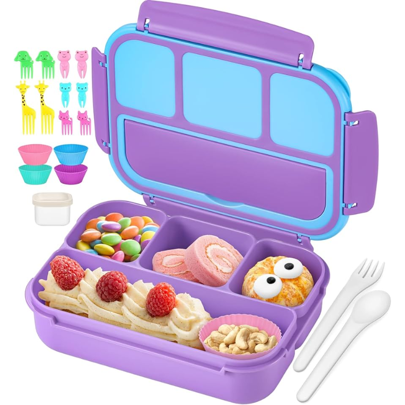 QQKO BENTO LUNCH BOX WITH 4 COMPARTMENTS, SAUCE CONTAINER, UTENSILS, FOOD PICKS AND MUFFIN CUPS FOR SCHOOL - PURPLE