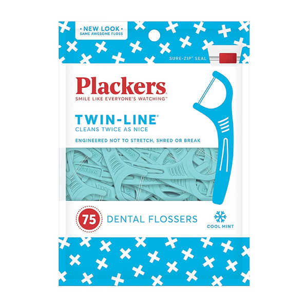 PLACKERS - TWIN-LINE COOL MINT DENTAL FLOSSERS - 75 CT