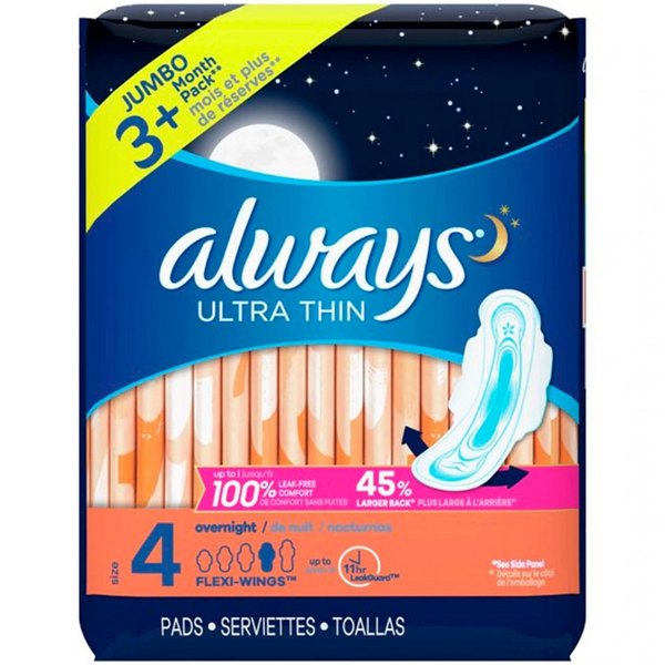 ALWAYS ULTRA THIN SIZE 4 OVERNIGHT PADS WITH WINGS, UNSCENTED 40 CT