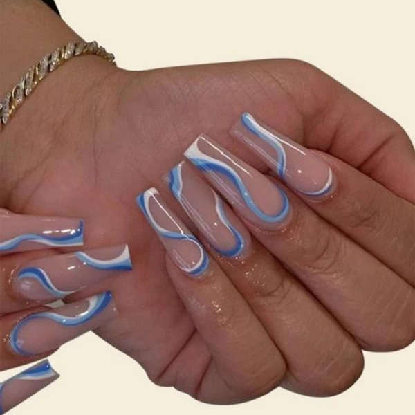 24PCS LONG CERCUEIL FAUX ONGLES ET 1PC LIME À ONGLES ET 1 FEUILLE DE RUBAN BLEU