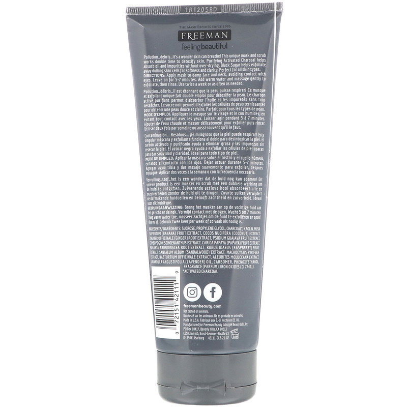 FREEMAN Masque exfoliant au charbon et au sucre noir 175ml